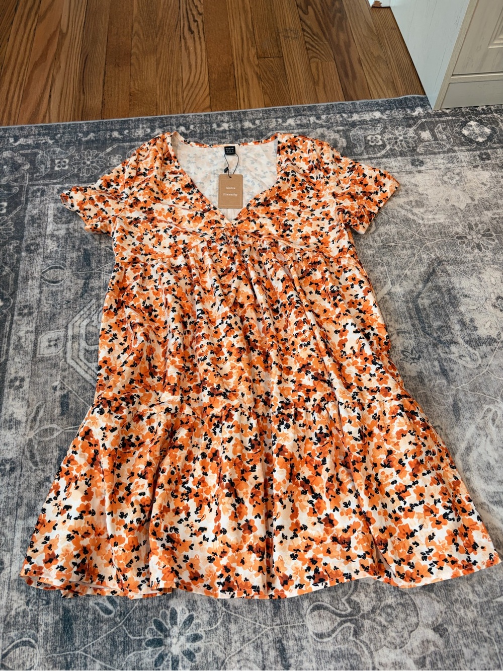 SHEIN Orange, Black & White Floral Tiered V-Neck Midi Dress